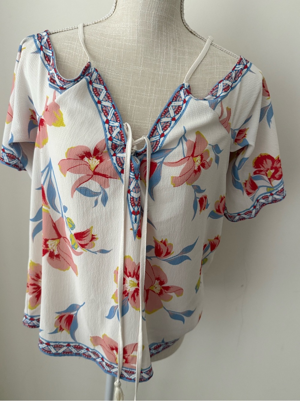 fab'rik White Floral Tie-Front Blouse with Pink and Blue Accents